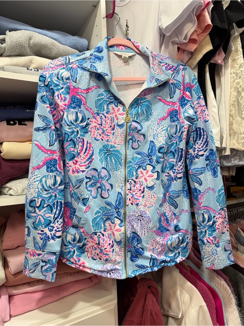 Lilly Pulitzer Sky Blue Floral Seashell Zip-Up Jacket